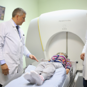 Gamma knife cancer treatment - doctors prepares the patient for the procedure